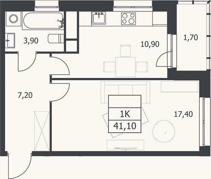 Планировка: 1-к, 39,4 м²