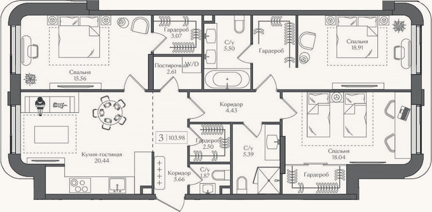 Планировка: 4+ к, 104 м²