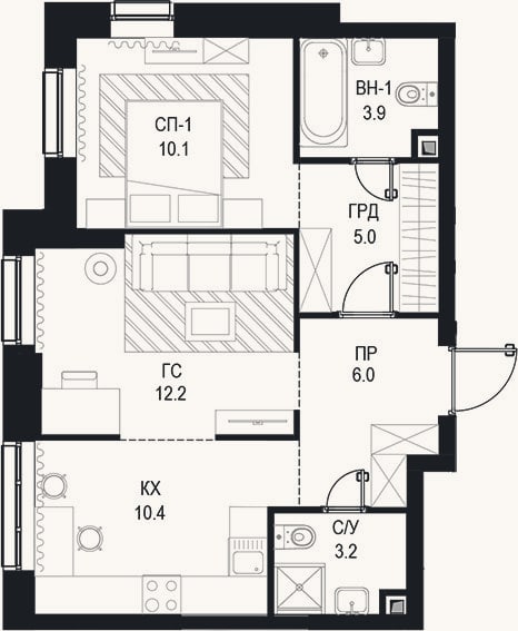 Планировка: 2-к, 50,8 м²