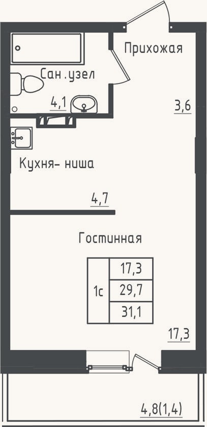Планировка: Студия, 29,7 м²
