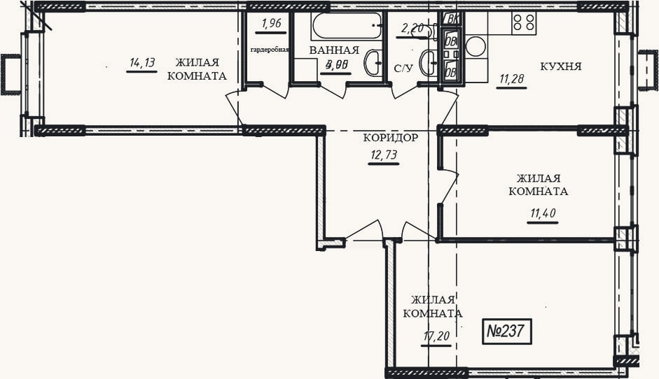 Планировка: 3-к, 74,8 м²
