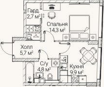 Планировка: 1-к, 37,5 м²