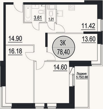 Планировка: 3-к, 75,5 м²
