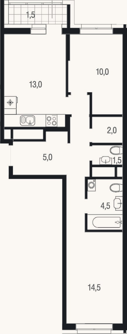 Планировка: 2-к, 50,5 м²