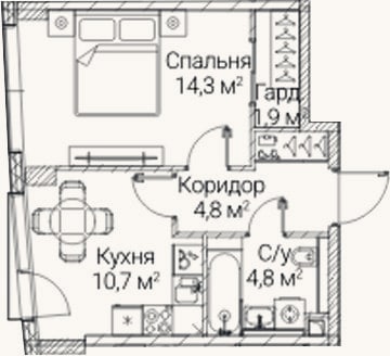 Планировка: 1-к, 36,5 м²