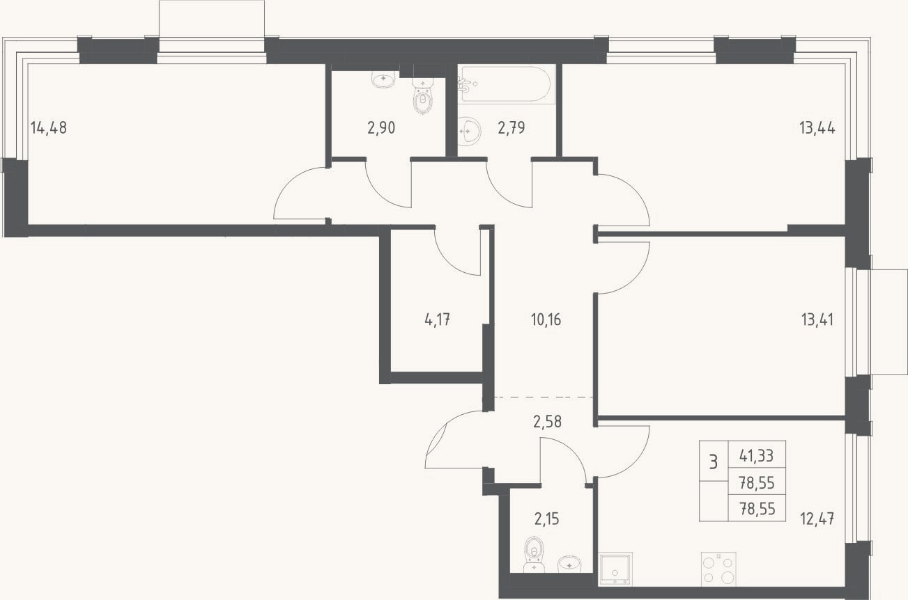 Планировка: 3-к, 78,6 м²