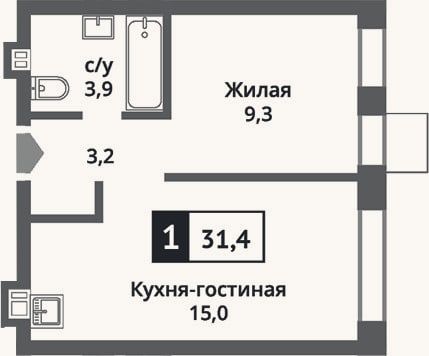 Планировка: 2-к, 31,4 м²