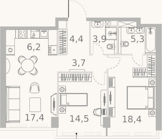 Планировка: 3-к, 73,8 м²