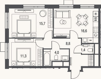 Планировка: 3-к, 59,5 м²