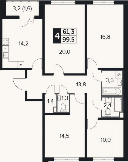 Планировка: 4+ к, 98,9 м²