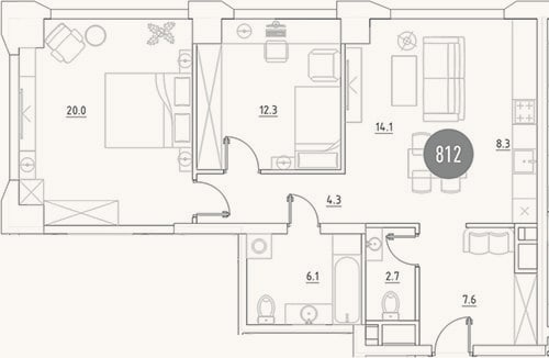 Планировка: 3-к, 75,4 м²