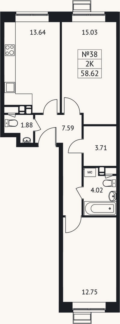 Планировка: 2-к, 58,6 м²