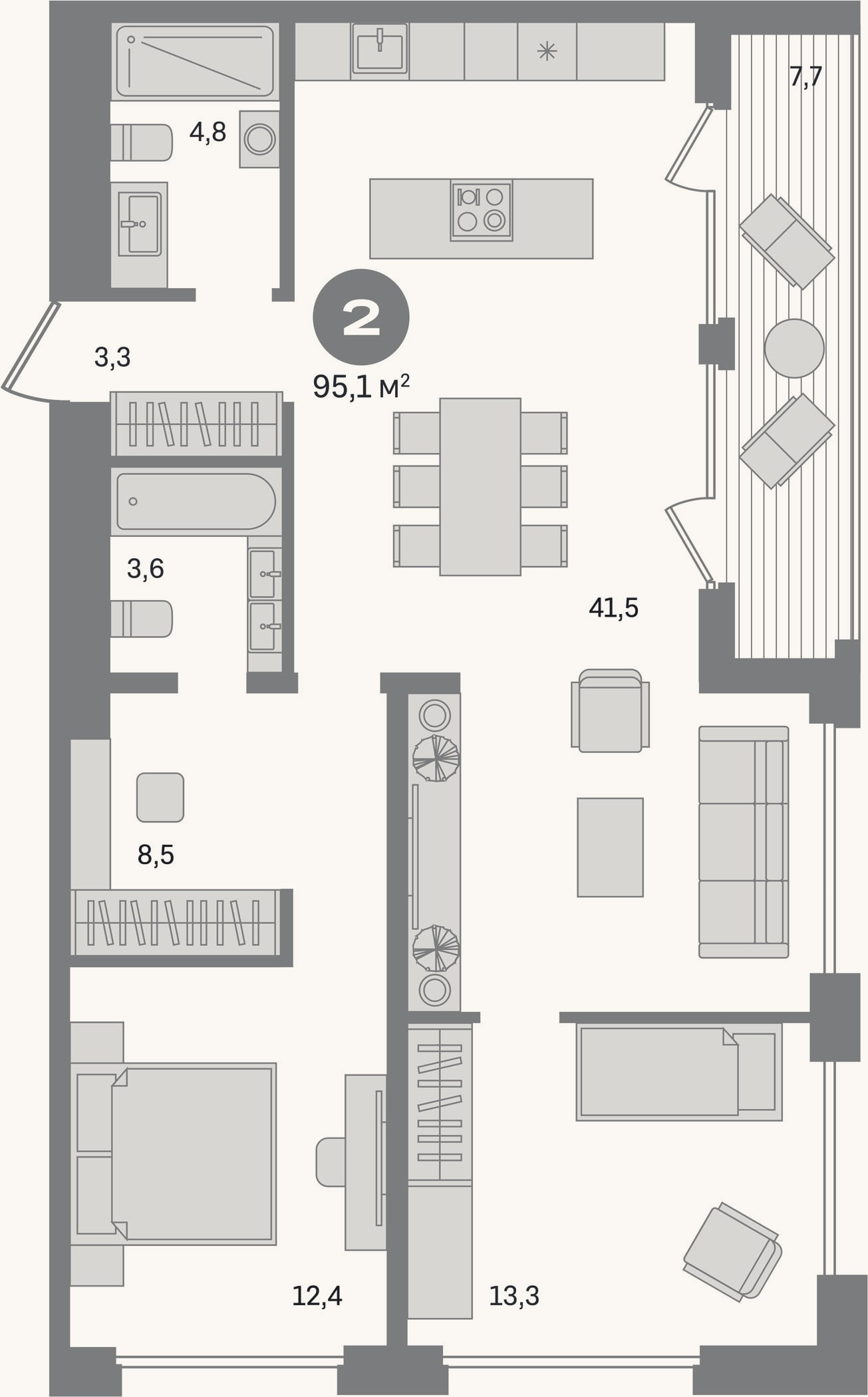 Планировка: 2-к, 87,3 м²