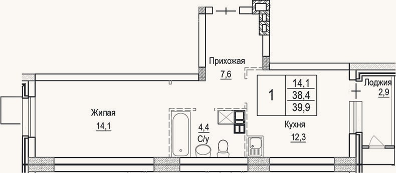 Планировка: 1-к, 38,4 м²