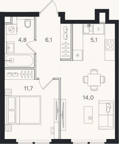 Планировка: 2-к, 41,7 м²