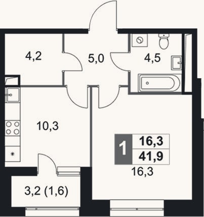 Планировка: 1-к, 40,3 м²