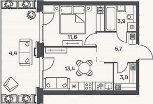 Планировка: 2-к, 37,6 м²