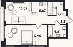 Планировка: 2-к, 49,8 м²