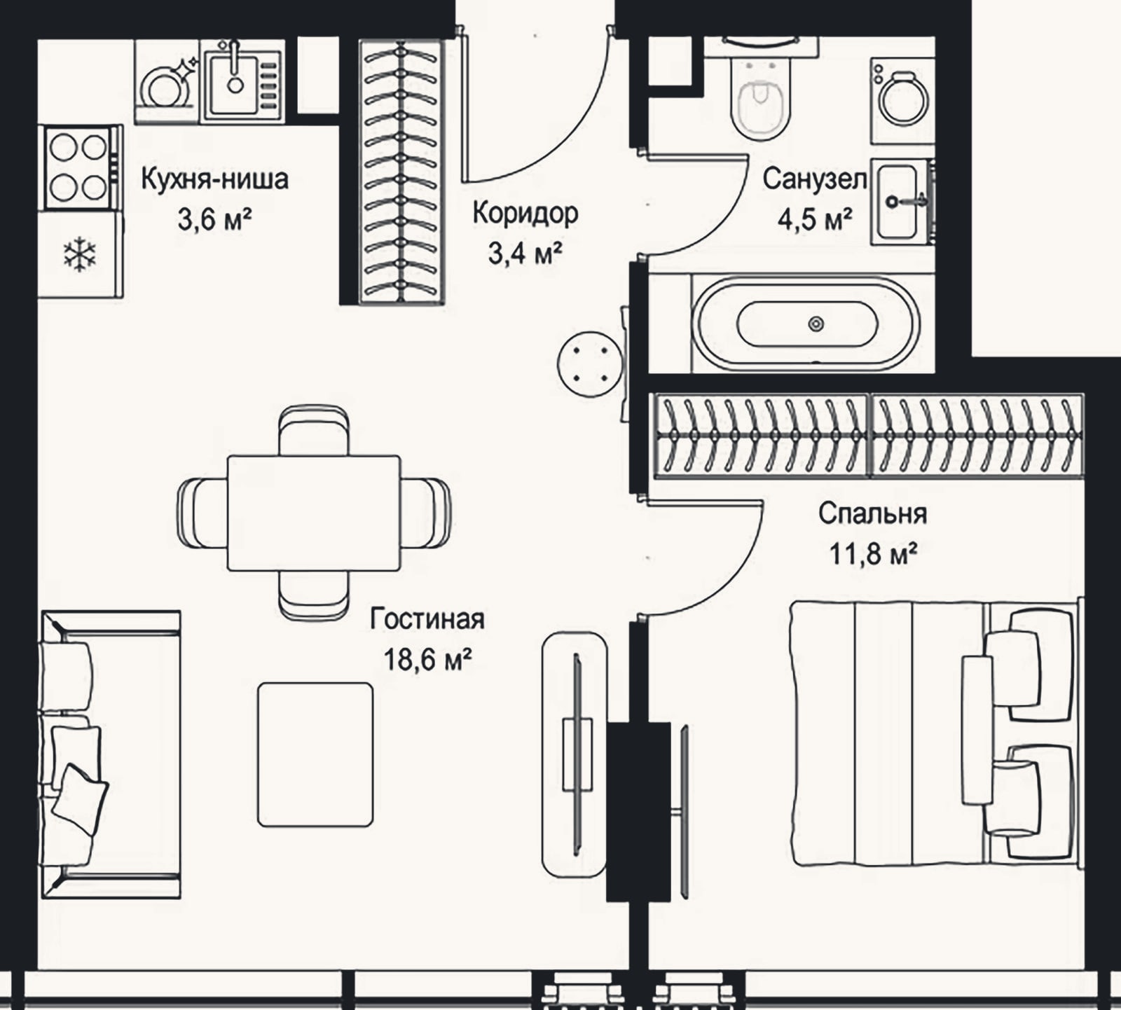 Планировка: 2-к, 41,9 м²