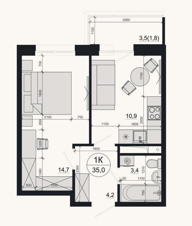 Планировка: 1-к, 33,2 м²