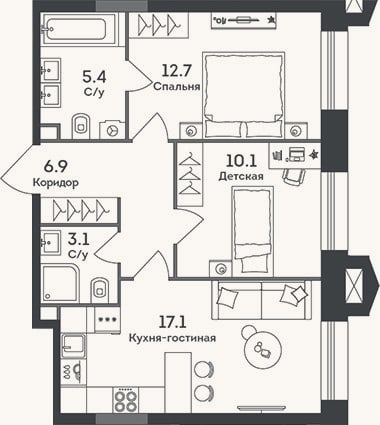 Планировка: 2-к, 55,3 м²