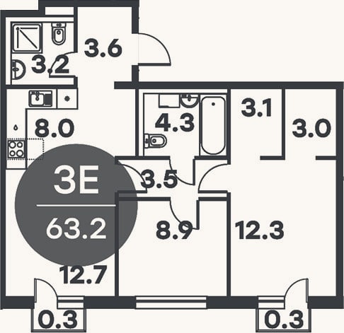 Планировка: 3-к, 62,6 м²