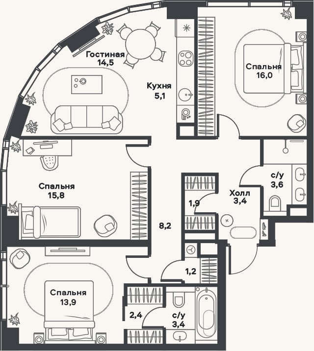 Планировка: 4+ к, 89,4 м²