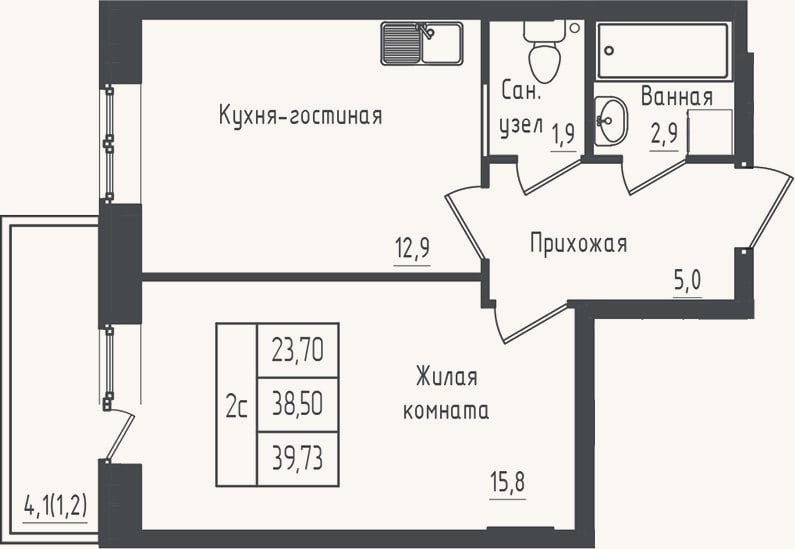 Планировка: 1-к, 38,5 м²