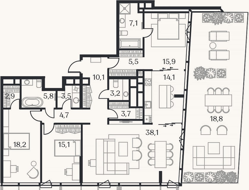 Планировка: 4+ к, 139,9 м²