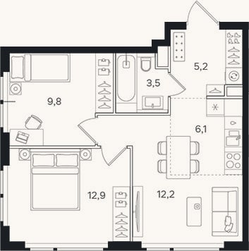 Планировка: 3-к, 49,7 м²