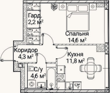 Планировка: 1-к, 37,5 м²