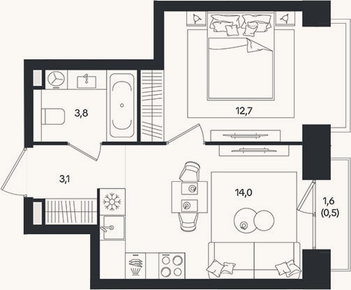 Планировка: 1-к, 33,6 м²