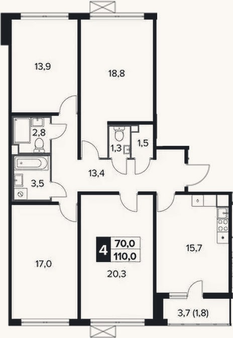 Планировка: 4+ к, 108,2 м²