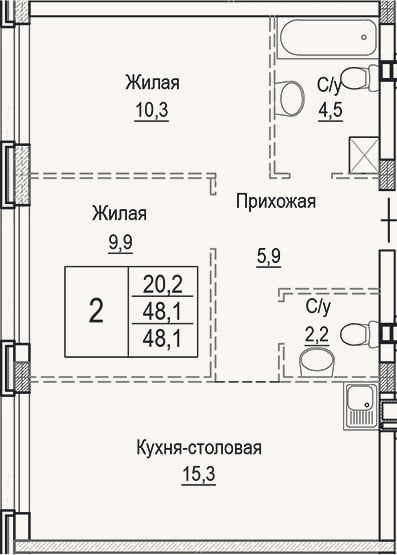 Планировка: 3-к, 48,1 м²