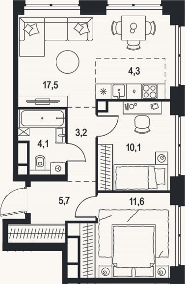 Планировка: 3-к, 56,5 м²