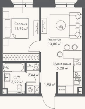 Планировка: 2-к, 39,5 м²