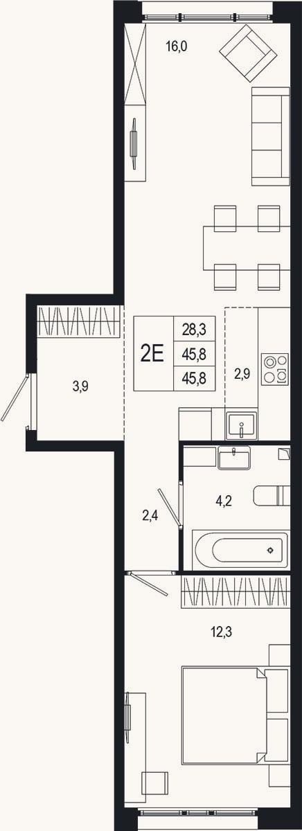 Планировка: 2-к, 45,8 м²