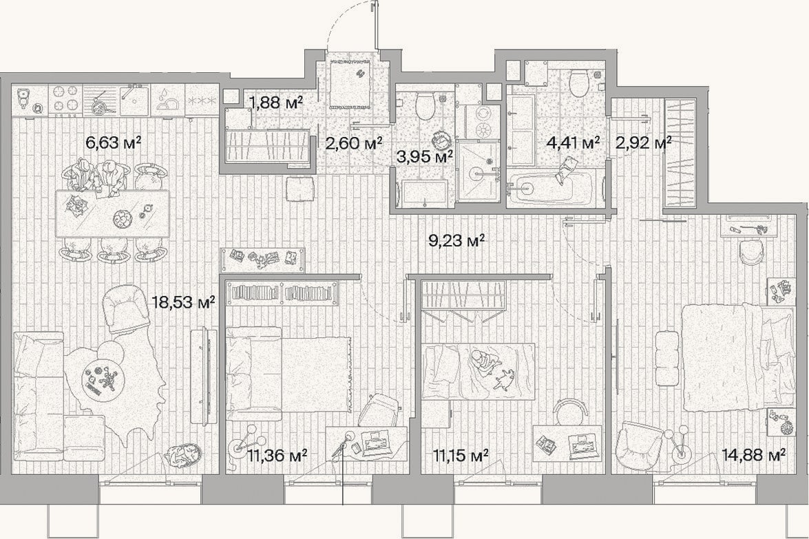 Планировка: 4+ к, 87,5 м²