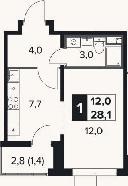 Планировка: 1-к, 26,7 м²