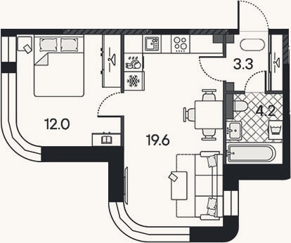 Планировка: 2-к, 39,1 м²