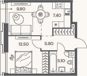 Планировка: 2-к, 40,6 м²