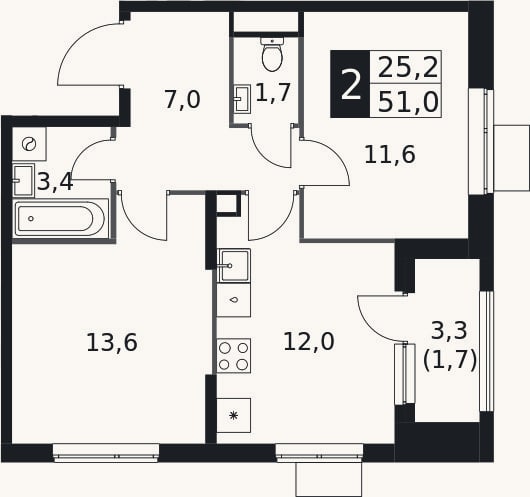 Планировка: 2-к, 49,3 м²