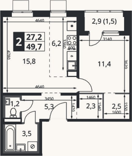 Планировка: 2-к, 48,2 м²
