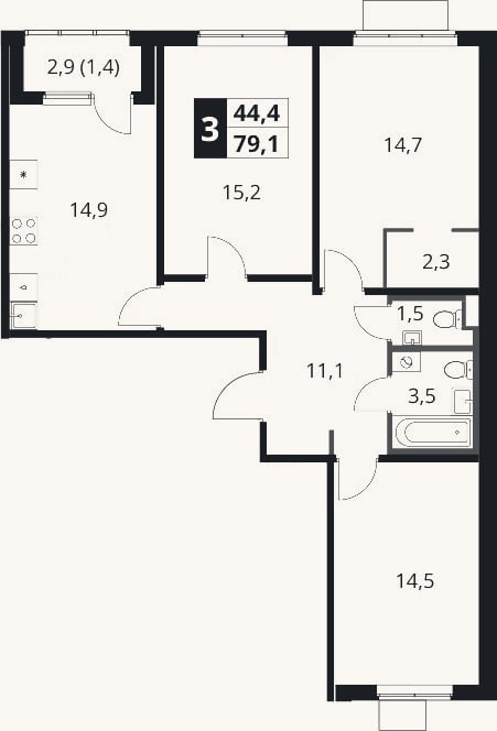 Планировка: 3-к, 77,7 м²