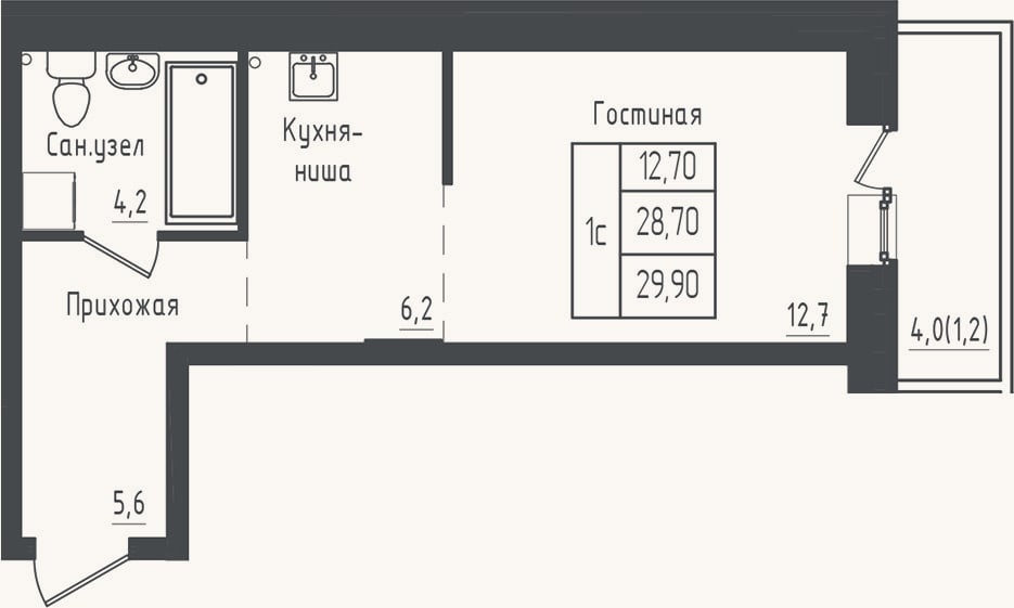 Планировка: Студия, 28,7 м²
