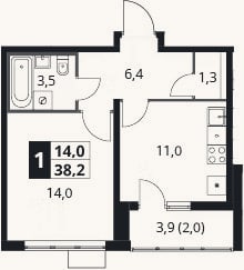 Планировка: 1-к, 36,2 м²