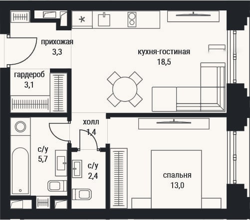 Планировка: 2-к, 47,4 м²