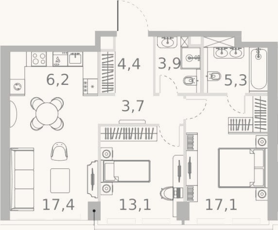 Планировка: 3-к, 71,1 м²