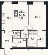 Планировка: 2-к, 59,5 м²