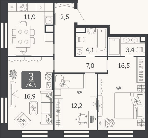 Планировка: 3-к, 74,5 м²